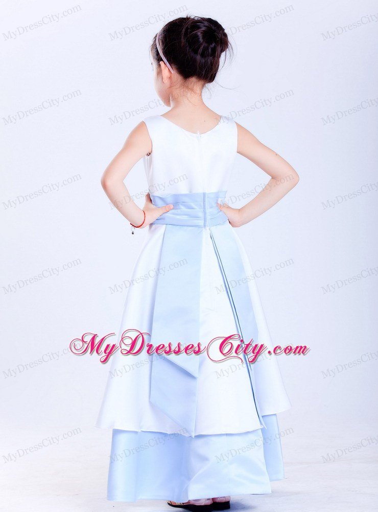 Scoop Ankle-length White and Light Blue A-line Flower Girl Dress With Sash