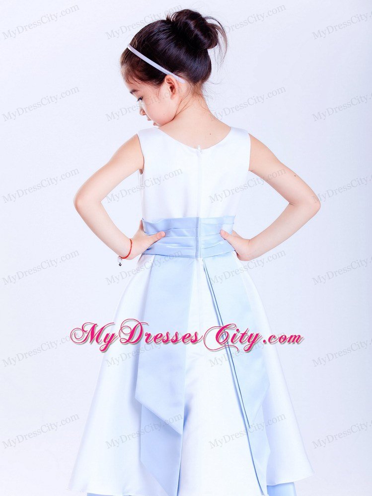 Scoop Ankle-length White and Light Blue A-line Flower Girl Dress With Sash