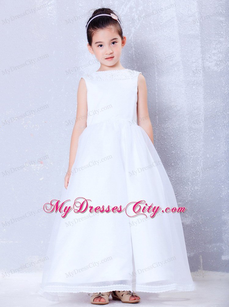 Beading Decorate A-line Ankle-length White Flower Girl Dress with Bateau