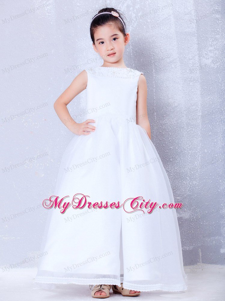 Beading Decorate A-line Ankle-length White Flower Girl Dress with Bateau