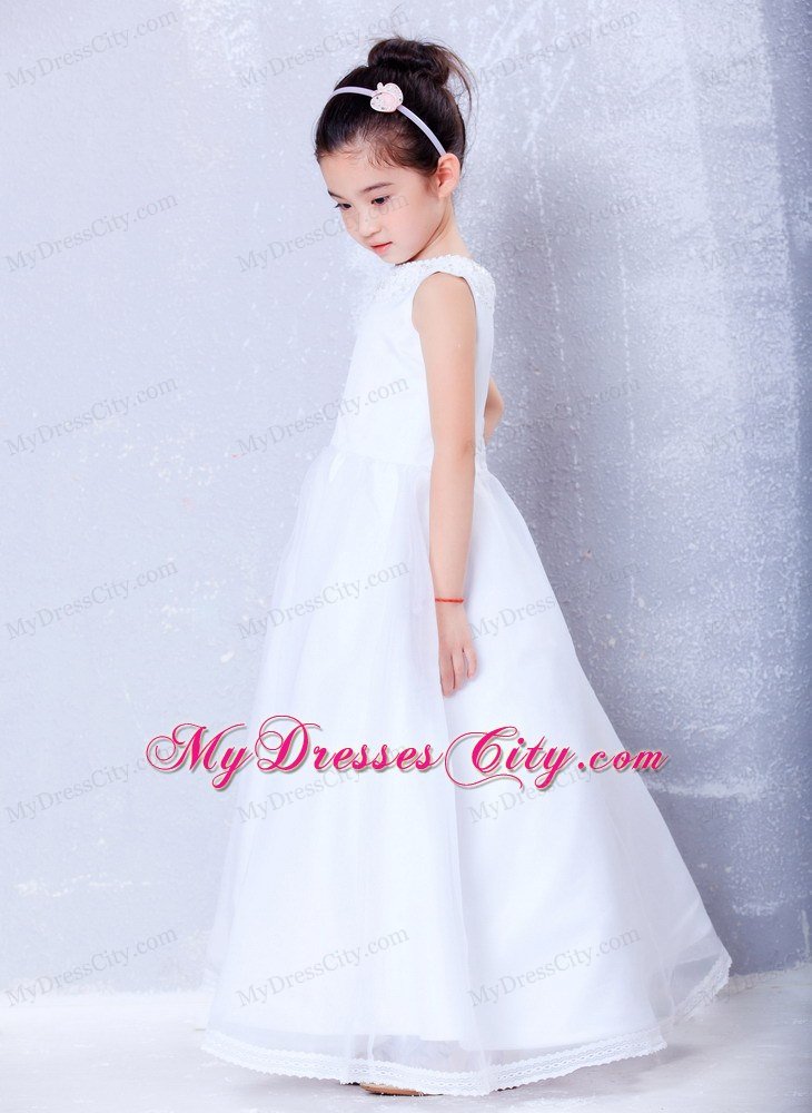 Beading Decorate A-line Ankle-length White Flower Girl Dress with Bateau