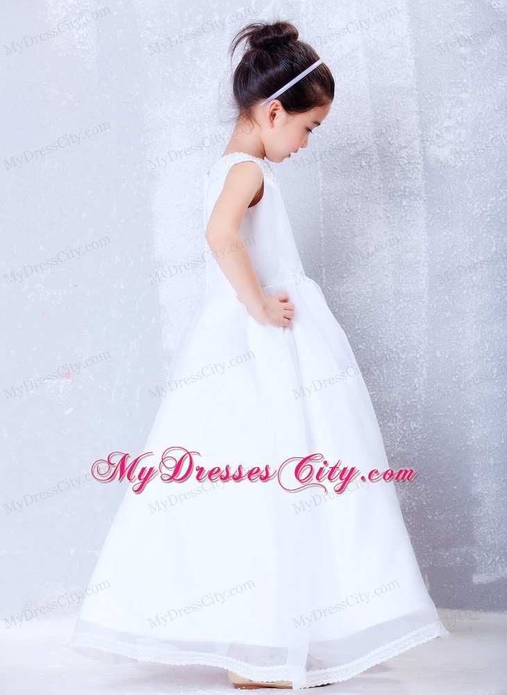 Beading Decorate A-line Ankle-length White Flower Girl Dress with Bateau