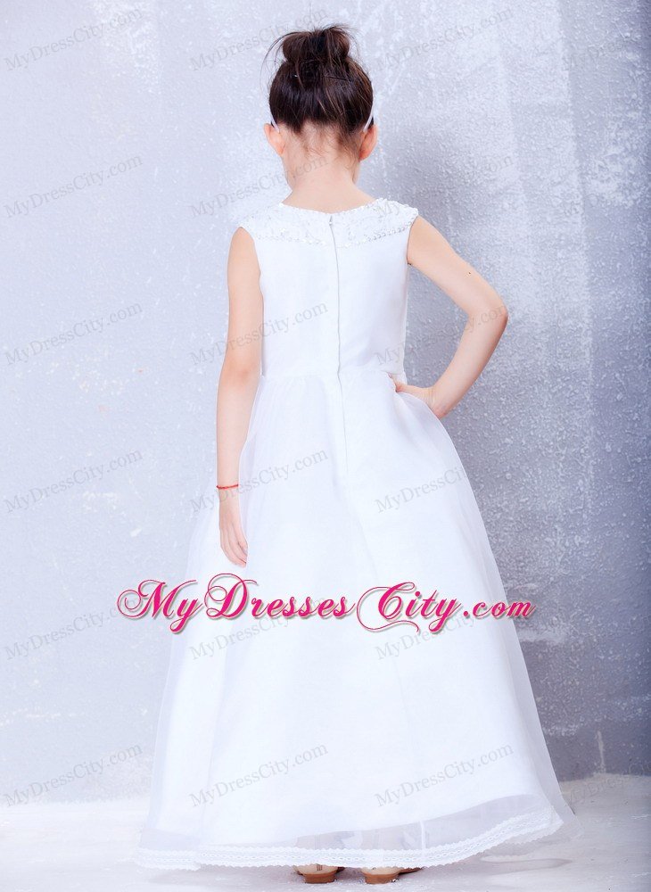 Beading Decorate A-line Ankle-length White Flower Girl Dress with Bateau