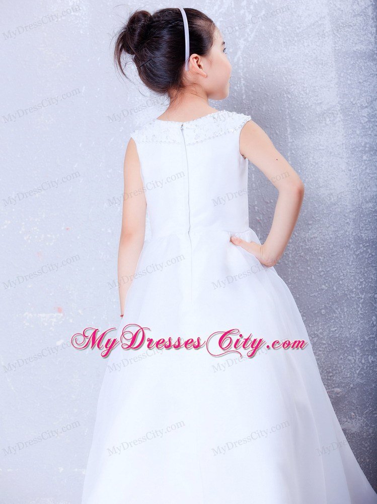 Beading Decorate A-line Ankle-length White Flower Girl Dress with Bateau