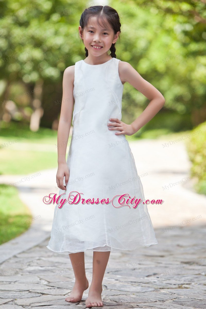 White Sheath Scoop Tea-length Flower Girl Dress in Organza and Taffeta