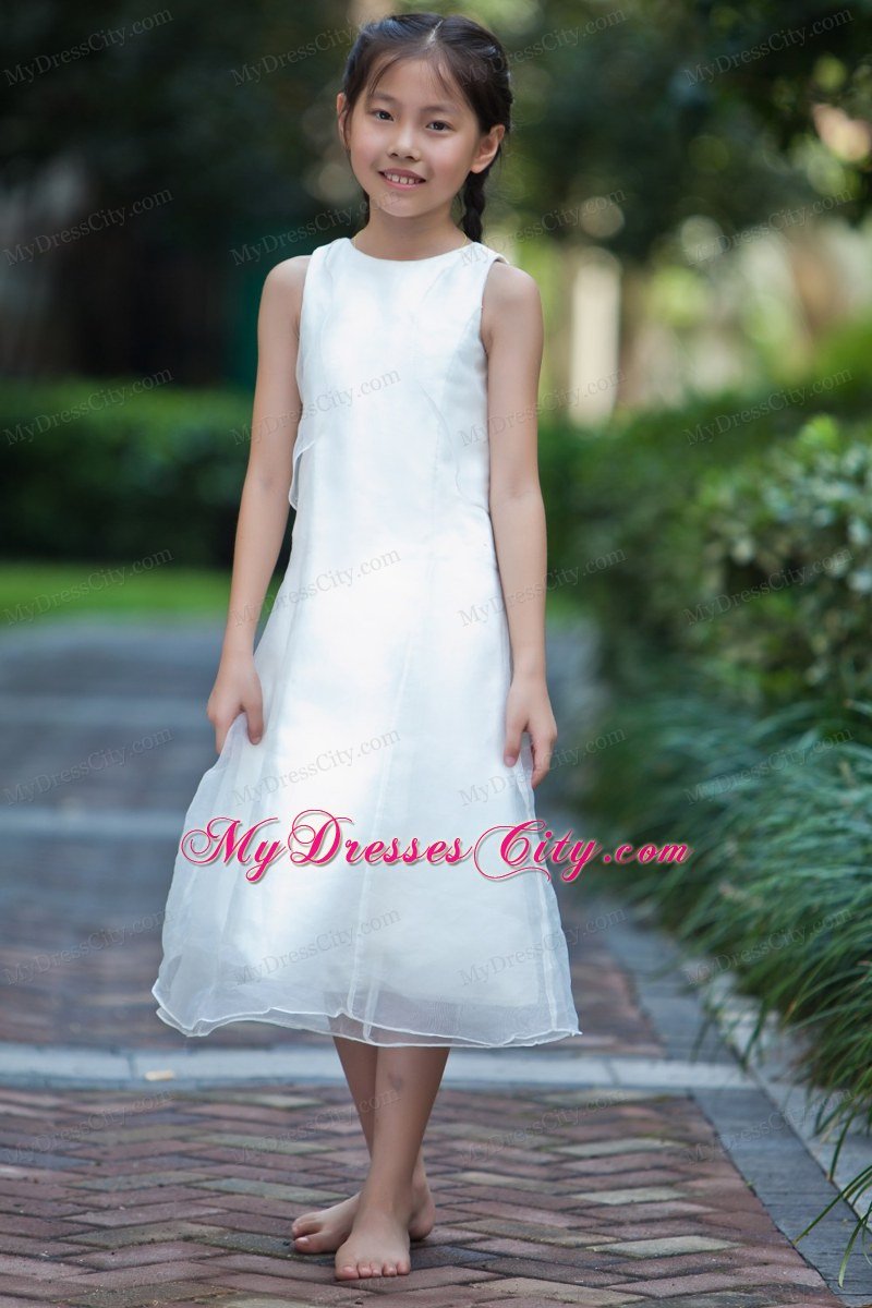 White Sheath Scoop Tea-length Flower Girl Dress in Organza and Taffeta