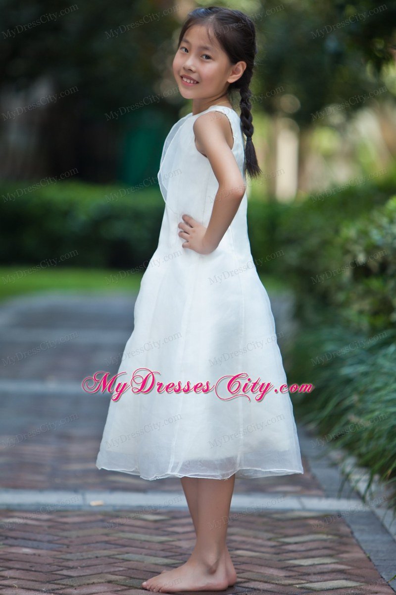 White Sheath Scoop Tea-length Flower Girl Dress in Organza and Taffeta