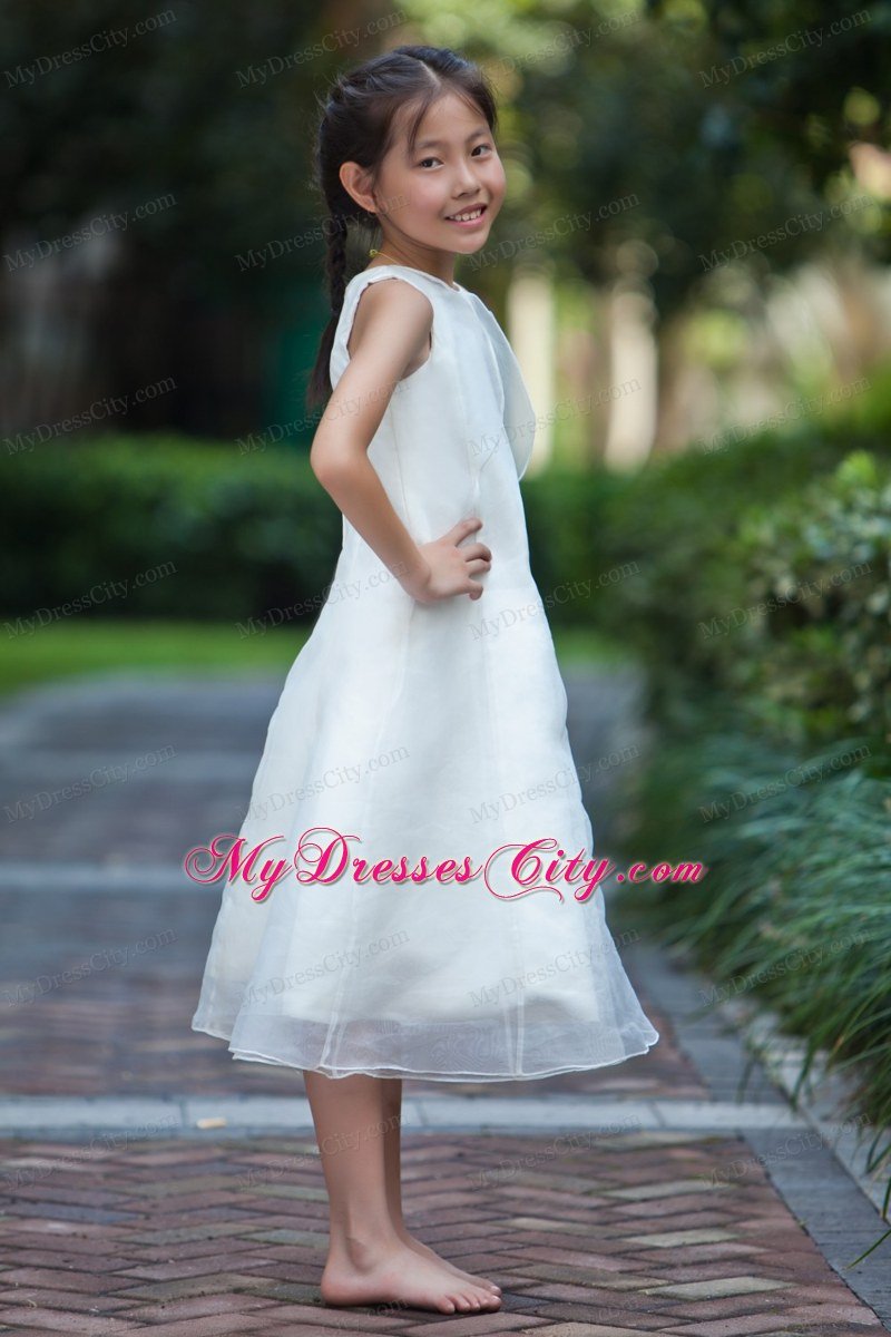 White Sheath Scoop Tea-length Flower Girl Dress in Organza and Taffeta