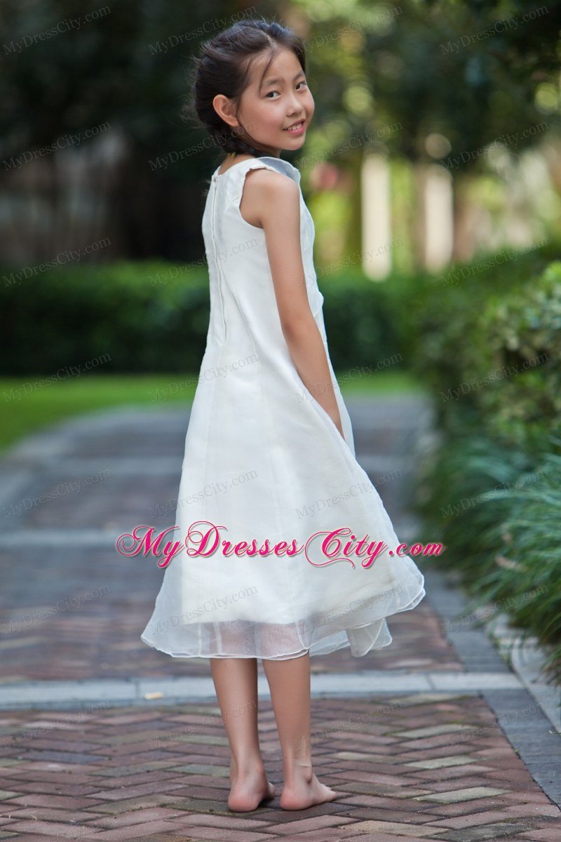 White Sheath Scoop Tea-length Flower Girl Dress in Organza and Taffeta