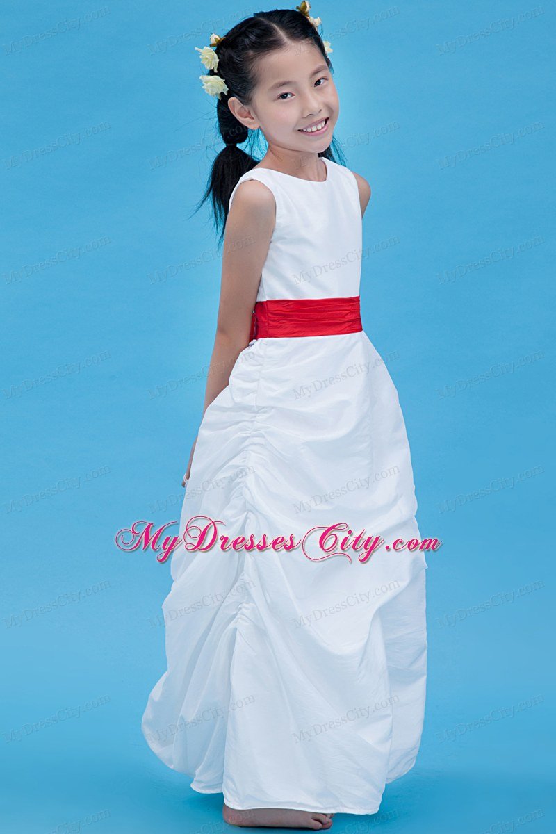 Column style Scoop Ankle-length Flower Girl Dress with Red Belt