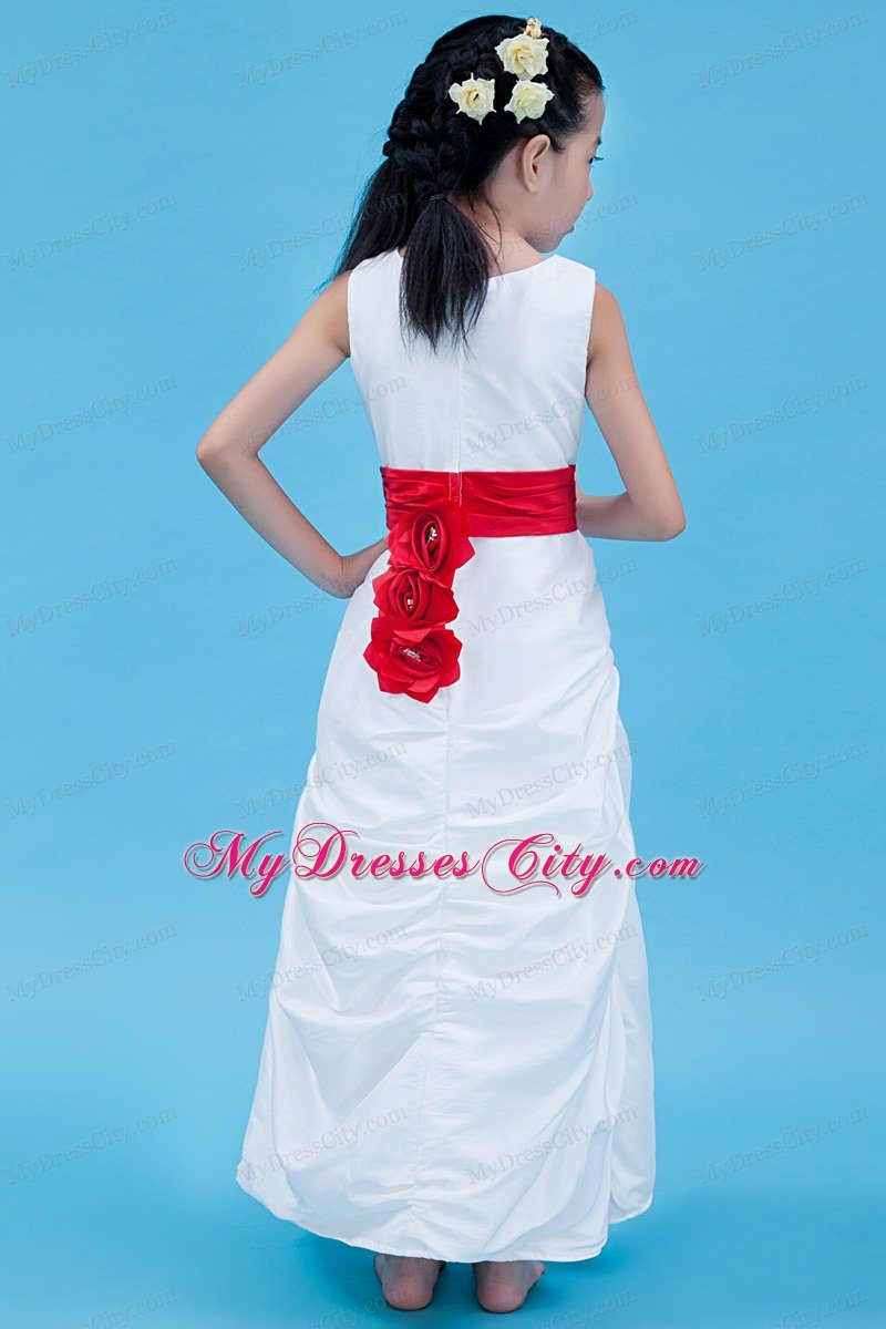 Column style Scoop Ankle-length Flower Girl Dress with Red Belt