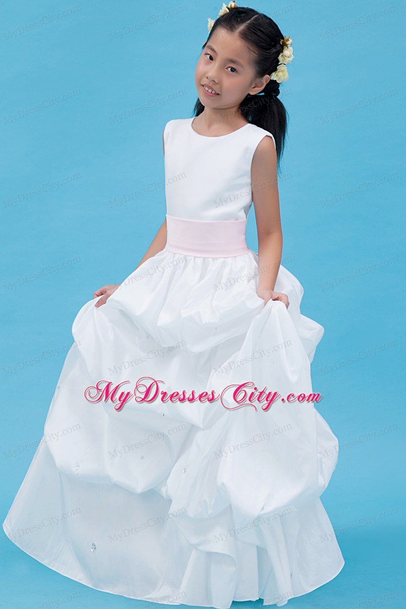 Floor-length White Flower Girl Dress A-line Style with Scoop and Belt