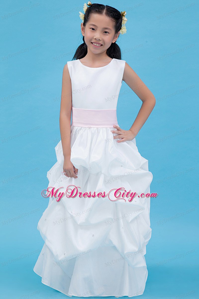 Floor-length White Flower Girl Dress A-line Style with Scoop and Belt