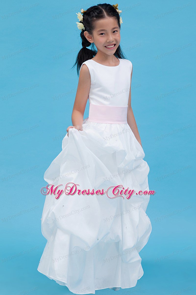 Floor-length White Flower Girl Dress A-line Style with Scoop and Belt