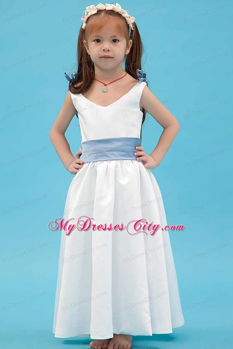 White A-line Ankle-length for V-nec Flower Girl Dress with Blue Belt