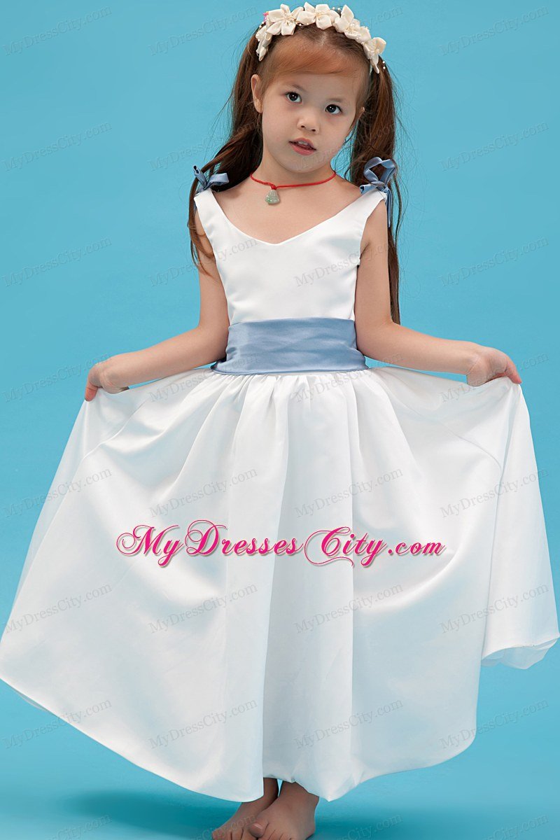 White A-line Ankle-length for V-nec Flower Girl Dress with Blue Belt