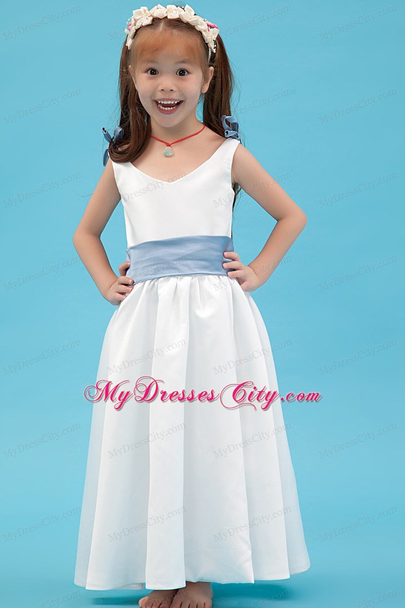 White A-line Ankle-length for V-nec Flower Girl Dress with Blue Belt