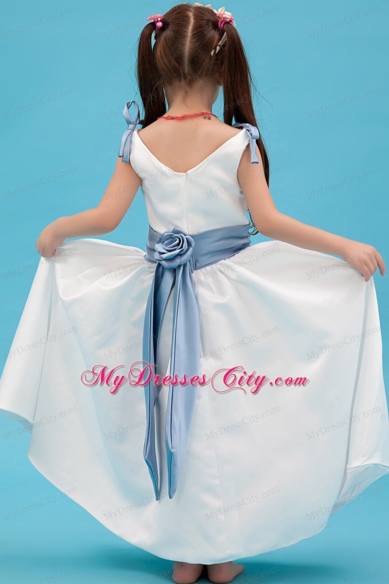 White A-line Ankle-length for V-nec Flower Girl Dress with Blue Belt