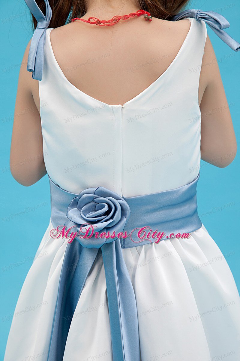 White A-line Ankle-length for V-nec Flower Girl Dress with Blue Belt