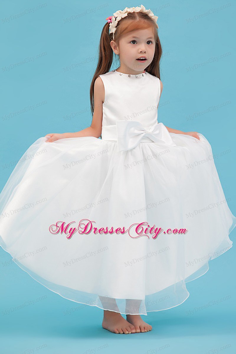 Scoop Neckline Ankle-length Flower Girl Dress with Sash and Bowknot