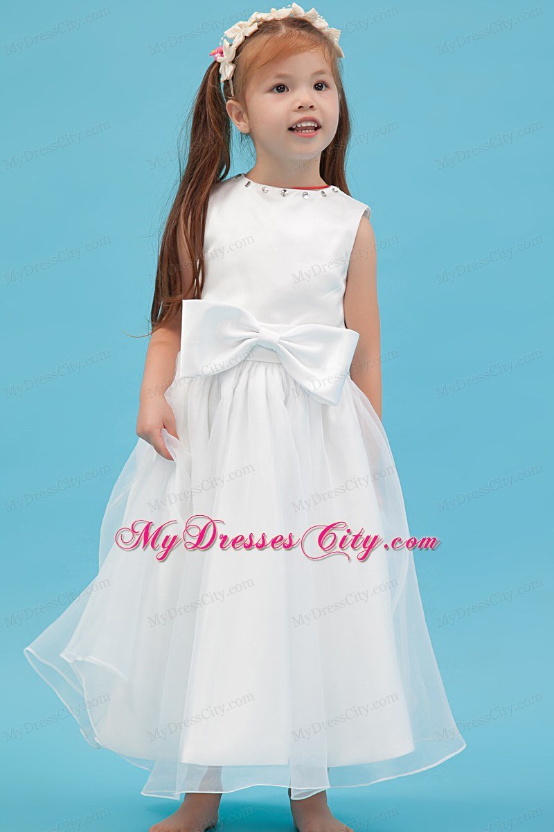 Scoop Neckline Ankle-length Flower Girl Dress with Sash and Bowknot