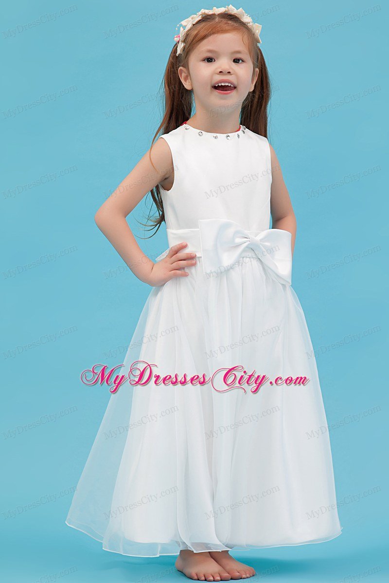 Scoop Neckline Ankle-length Flower Girl Dress with Sash and Bowknot