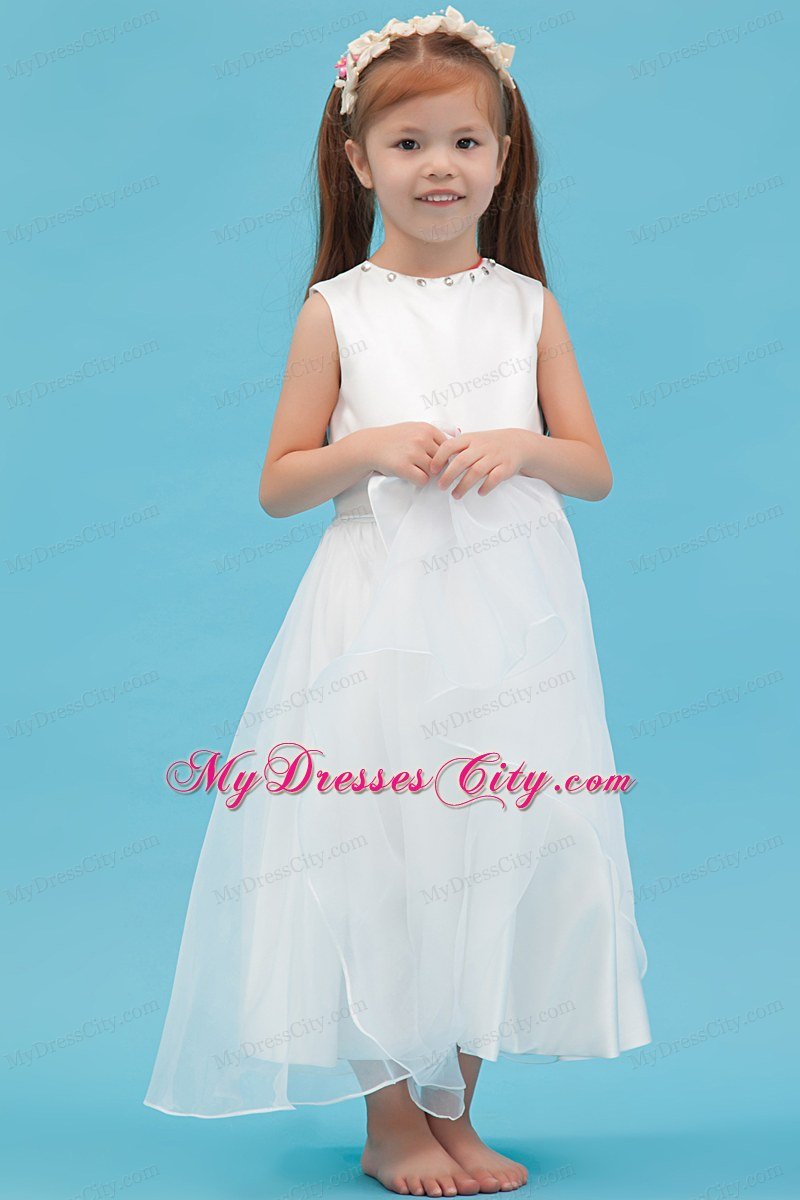 Scoop Neckline Ankle-length Flower Girl Dress with Sash and Bowknot