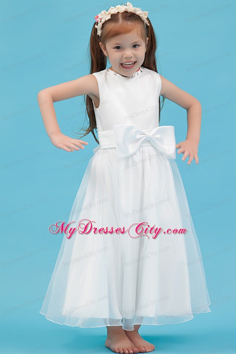 Scoop Neckline Ankle-length Flower Girl Dress with Sash and Bowknot