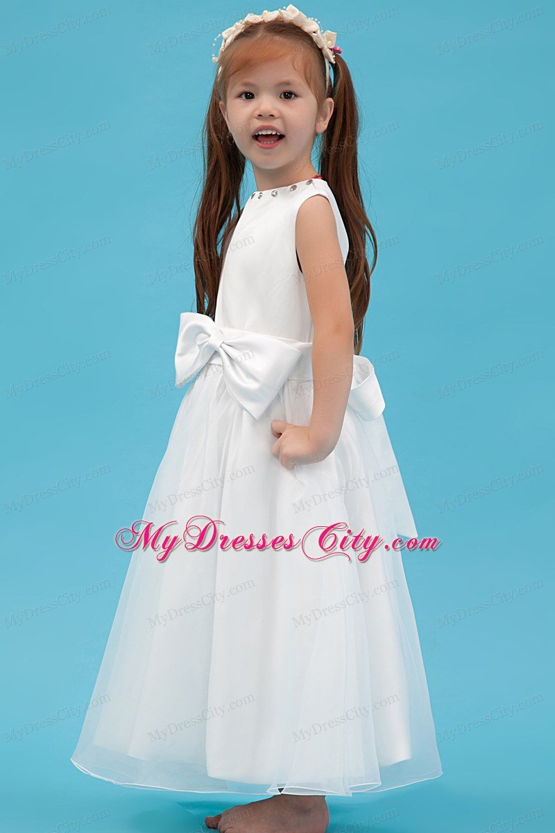 Scoop Neckline Ankle-length Flower Girl Dress with Sash and Bowknot