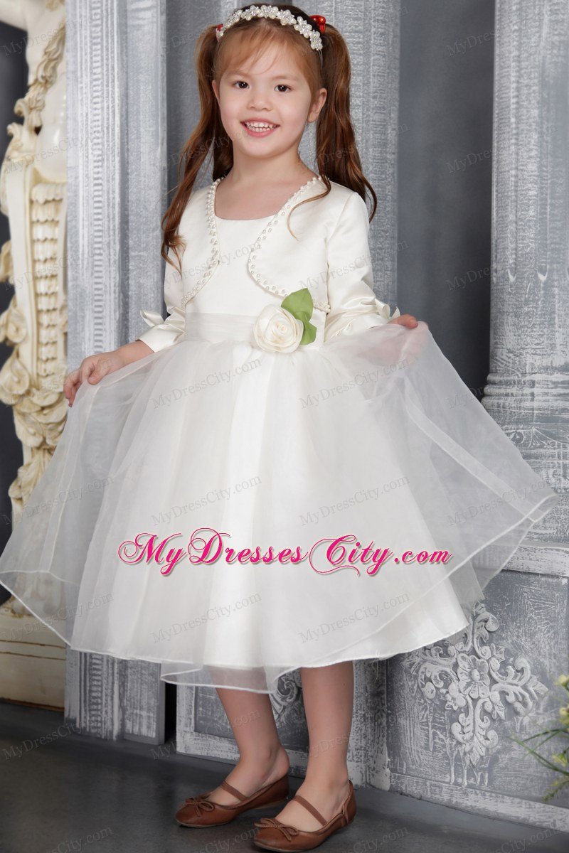 Scoop Tea-length Sach And Flower Decorate Flower Girl Dress with Jacket