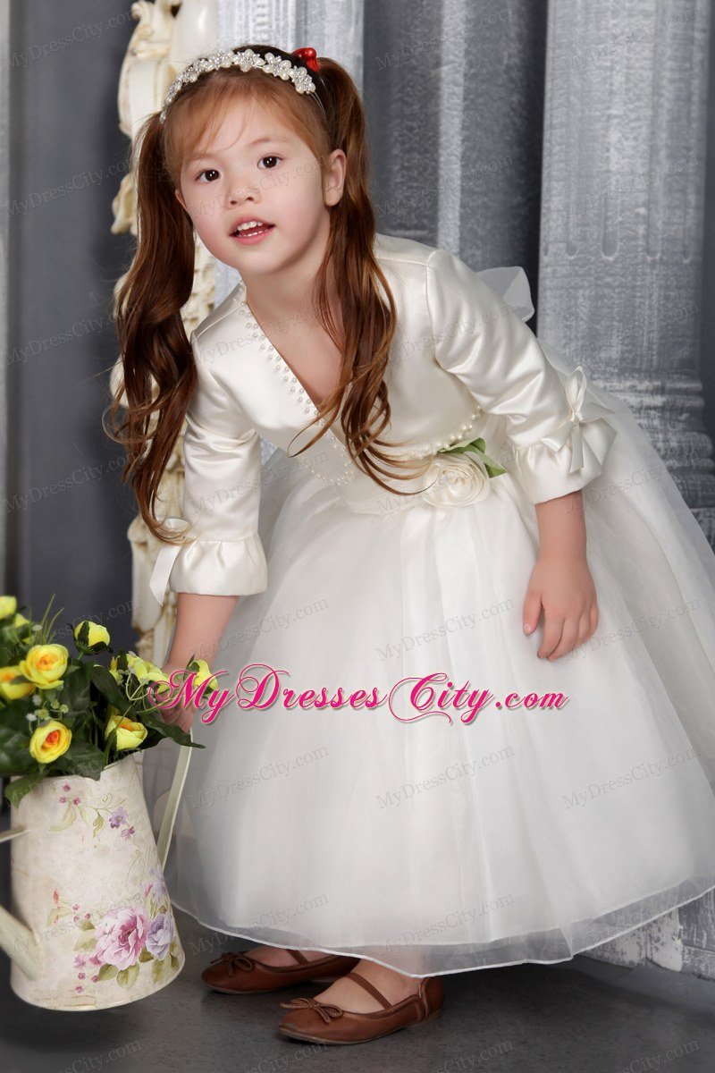 Scoop Tea-length Sach And Flower Decorate Flower Girl Dress with Jacket