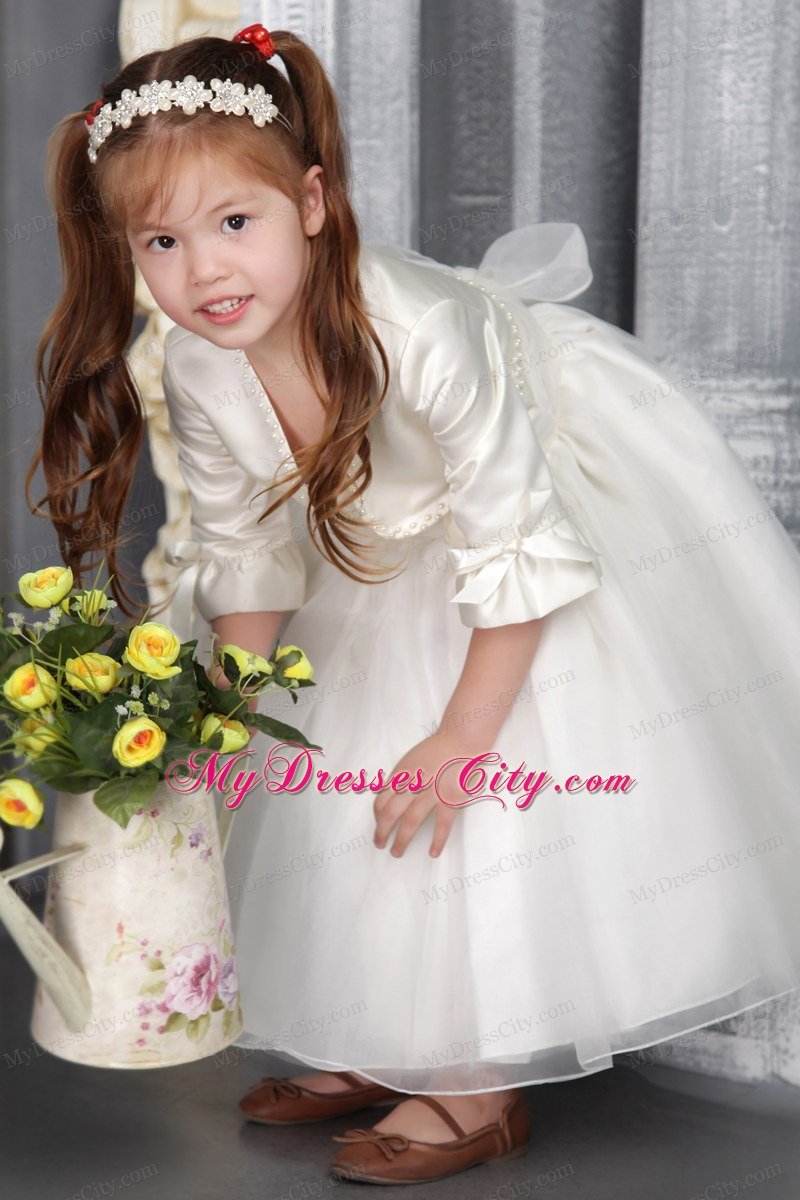 Scoop Tea-length Sach And Flower Decorate Flower Girl Dress with Jacket