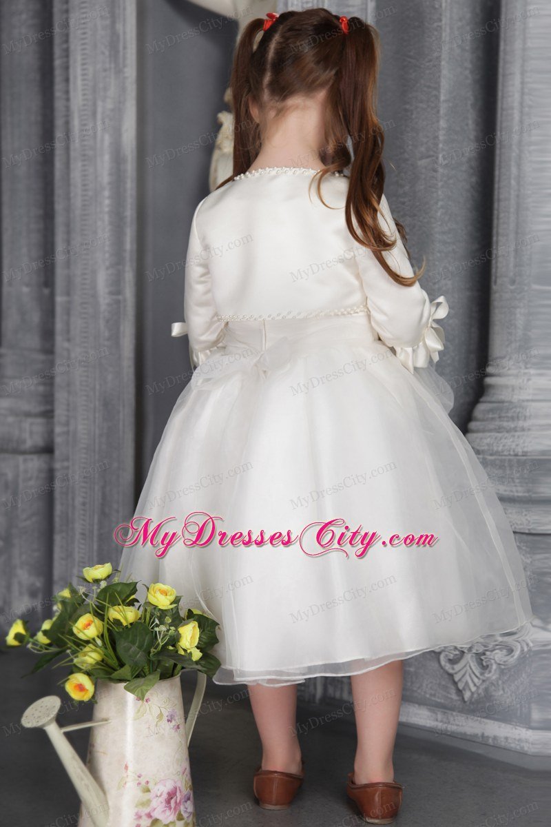 Scoop Tea-length Sach And Flower Decorate Flower Girl Dress with Jacket