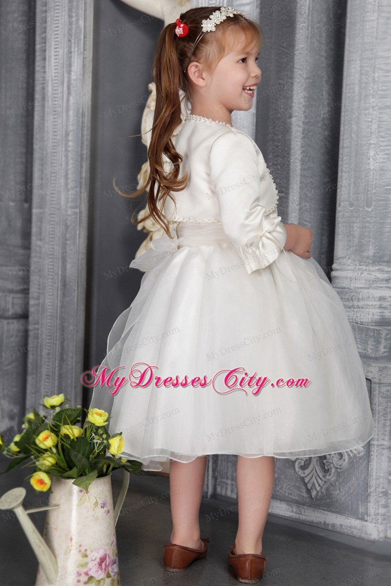 Scoop Tea-length Sach And Flower Decorate Flower Girl Dress with Jacket