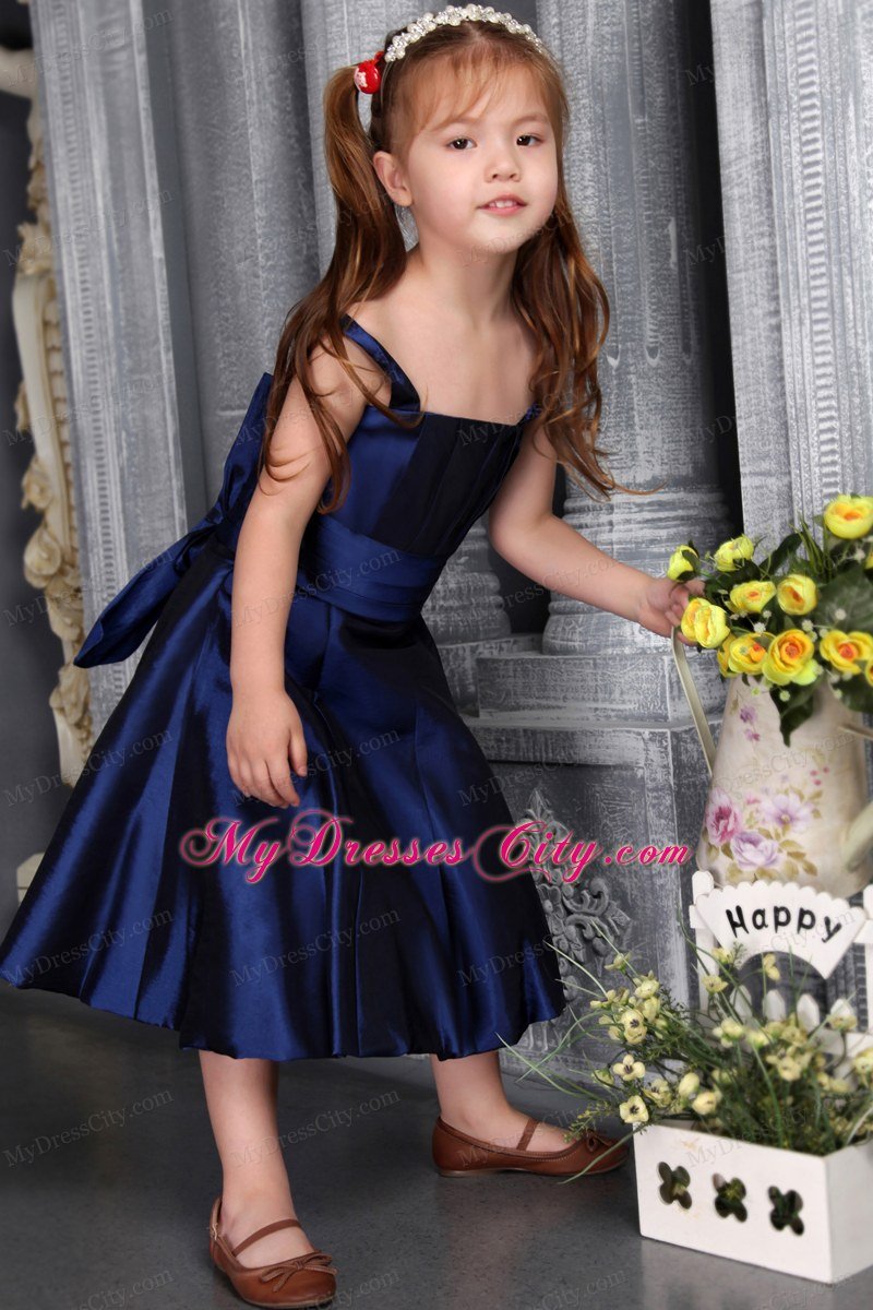 Navy Blue A-line Tea-length Flower Girl Dress with Straps and Bow