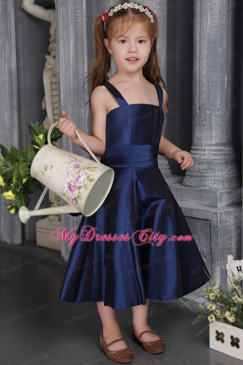 Navy Blue A-line Tea-length Flower Girl Dress with Straps and Bow