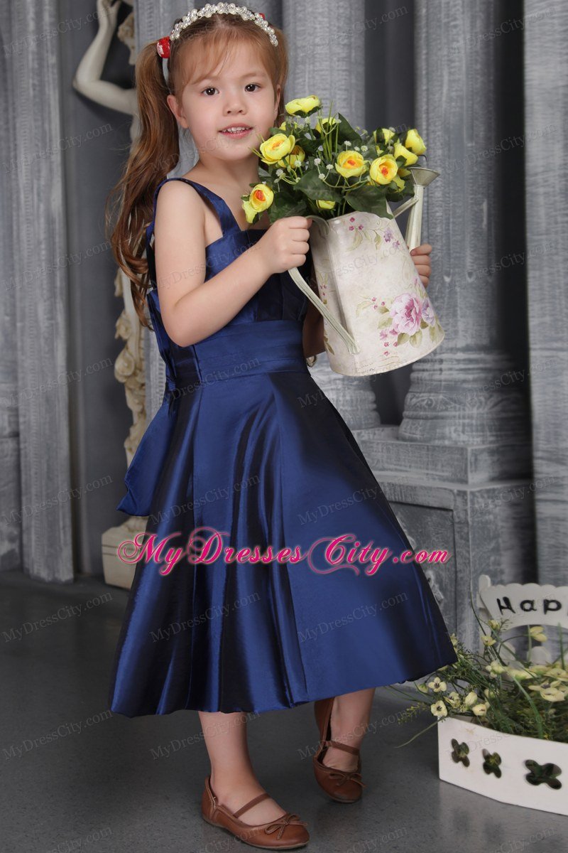 Navy Blue A-line Tea-length Flower Girl Dress with Straps and Bow