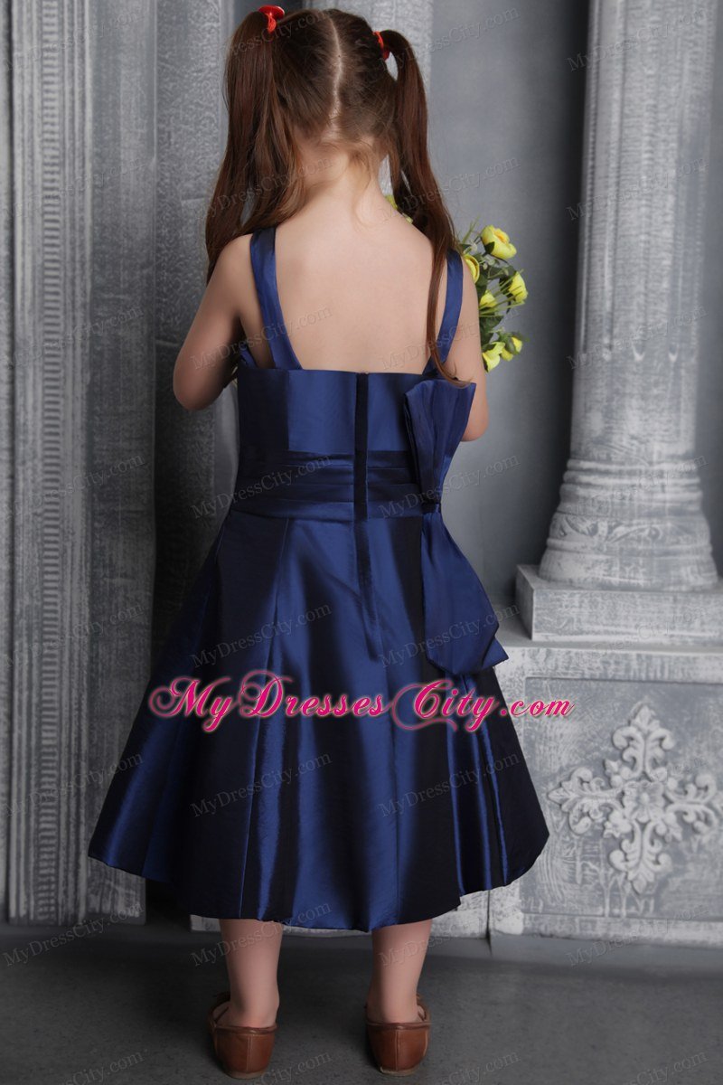 Navy Blue A-line Tea-length Flower Girl Dress with Straps and Bow