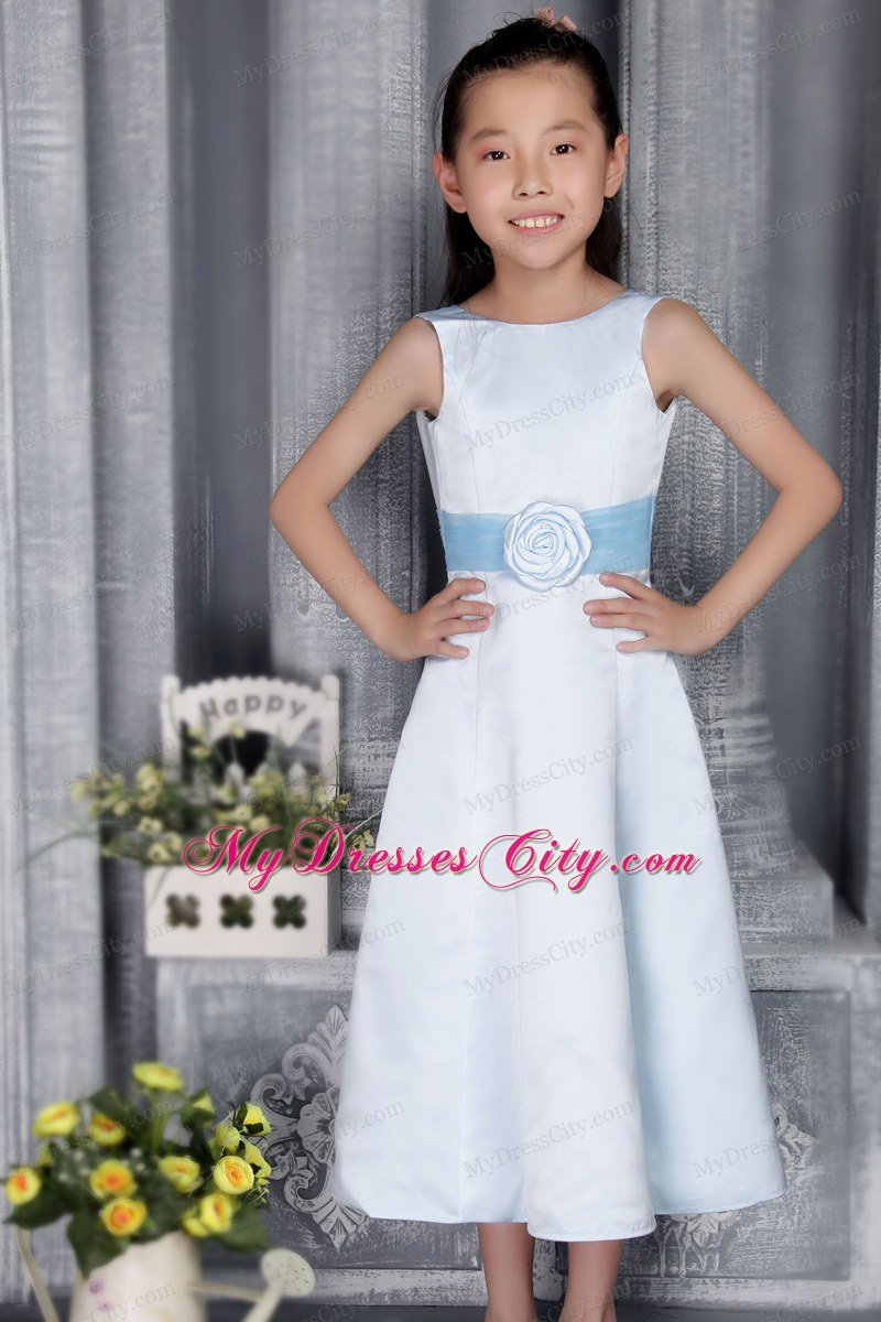 A-line Scoop Tea-length Flower Girl Dress with Light Blue Belt