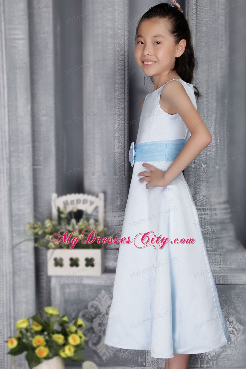 A-line Scoop Tea-length Flower Girl Dress with Light Blue Belt