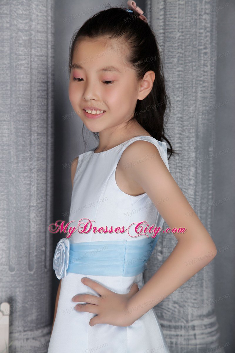 A-line Scoop Tea-length Flower Girl Dress with Light Blue Belt