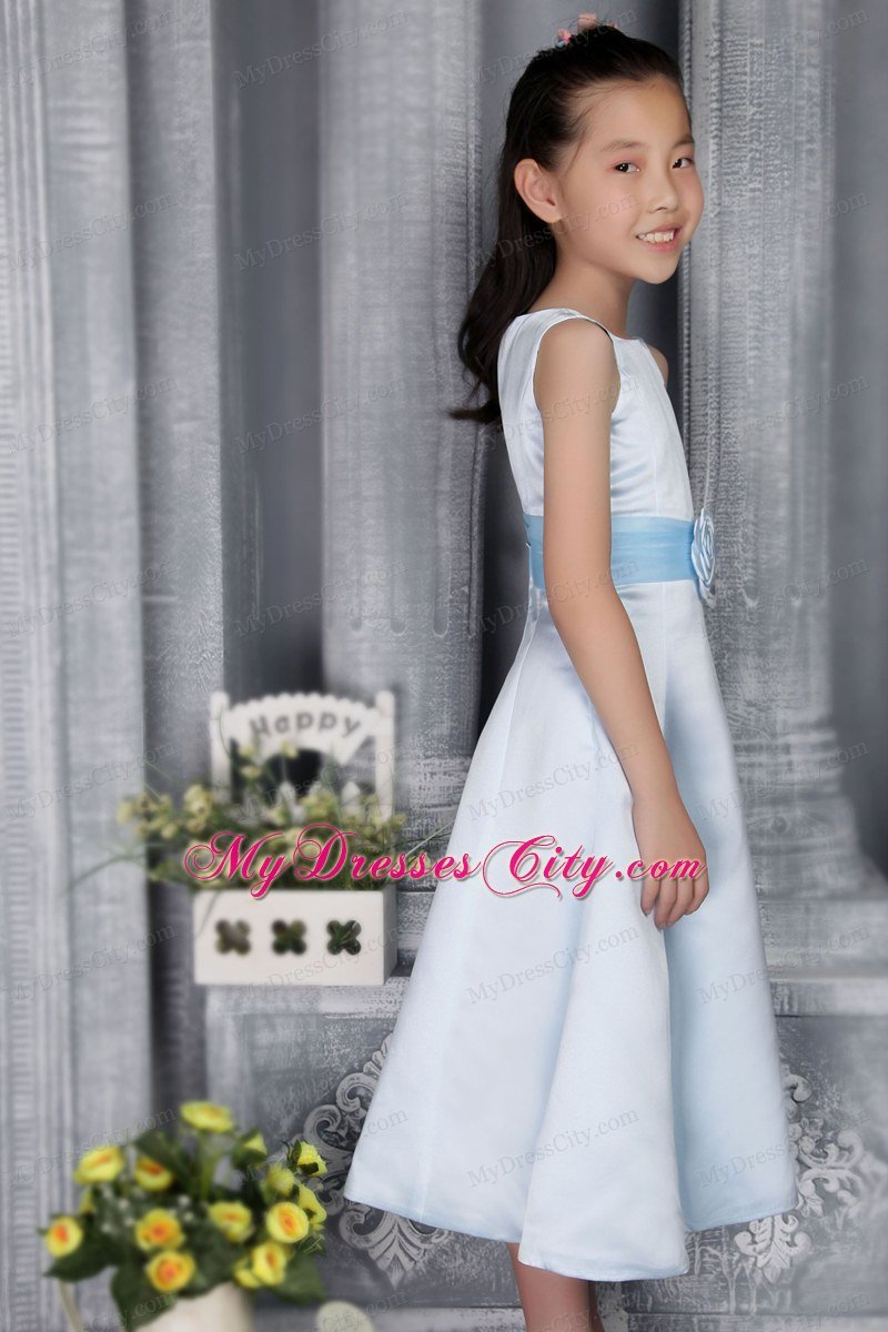 A-line Scoop Tea-length Flower Girl Dress with Light Blue Belt