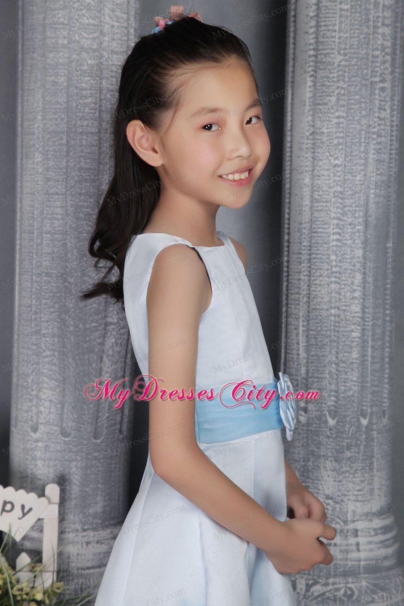 A-line Scoop Tea-length Flower Girl Dress with Light Blue Belt