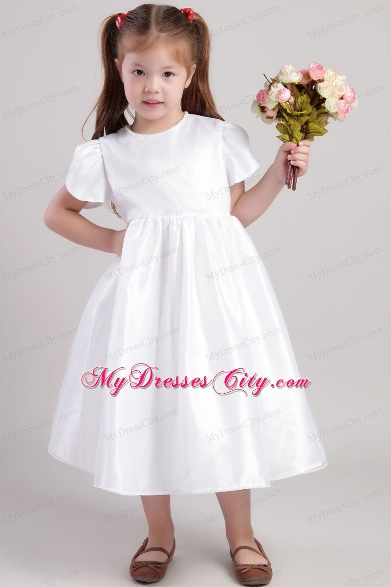 A-Line Tea-length Flower Girl Dress with Scoop and Short Sleeves