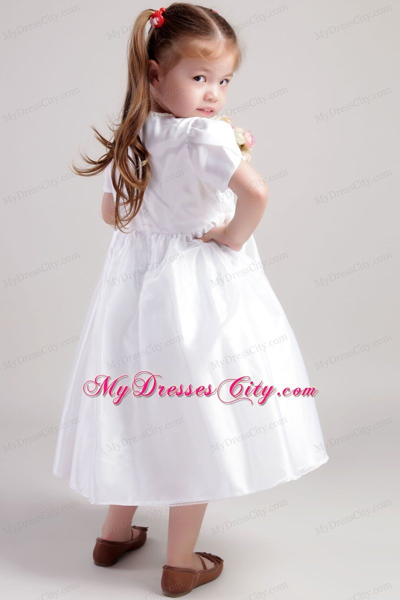 A-Line Tea-length Flower Girl Dress with Scoop and Short Sleeves