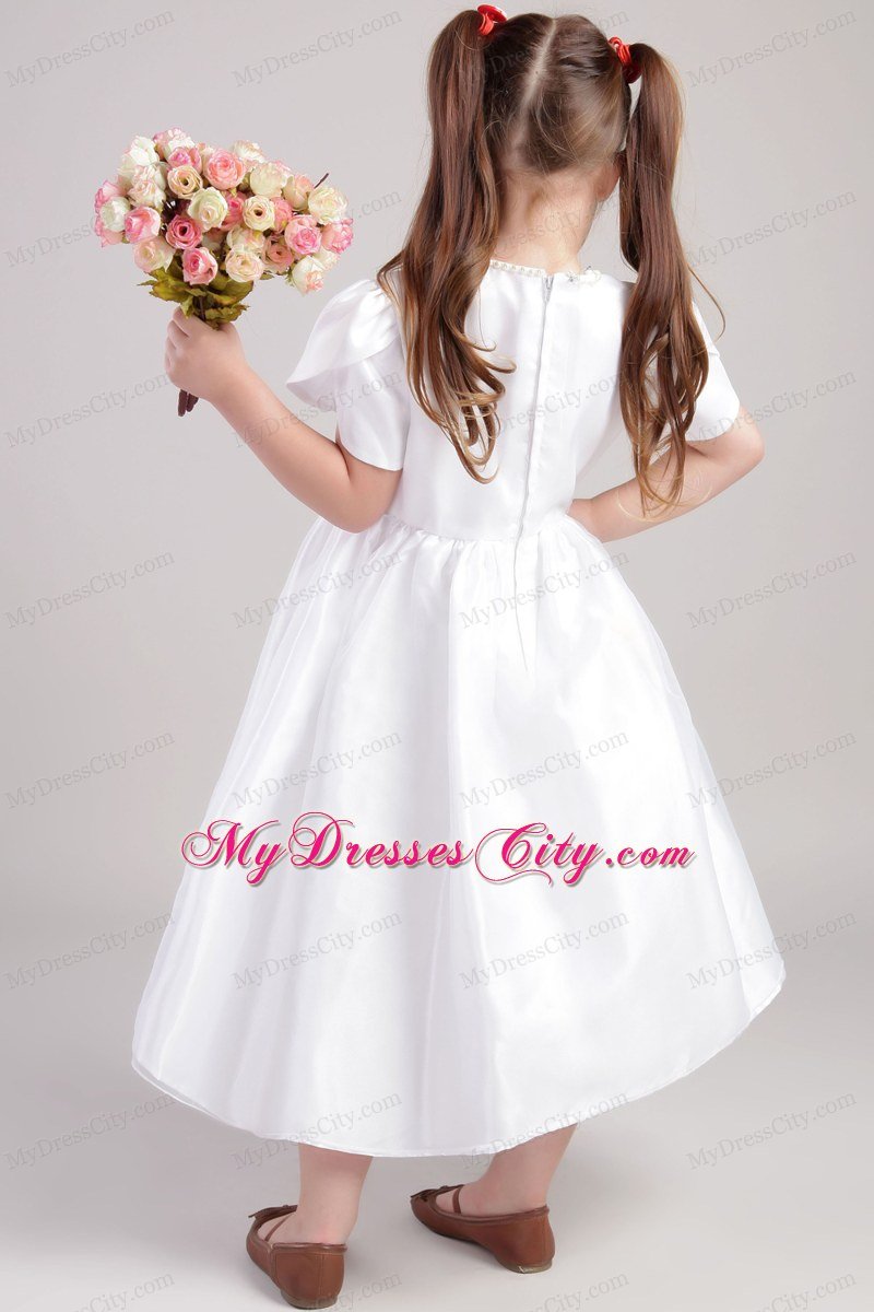 A-Line Tea-length Flower Girl Dress with Scoop and Short Sleeves