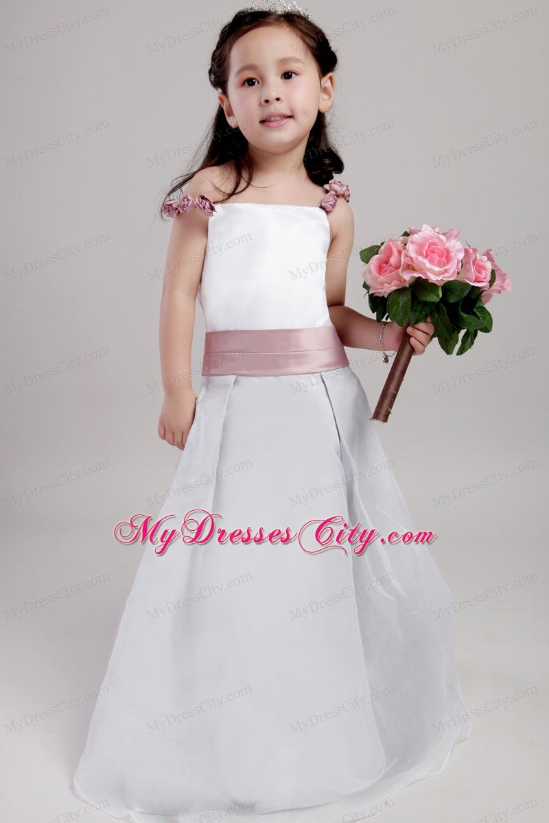 White A-line Straps Floor-length Flower Girl Dress with Flowers