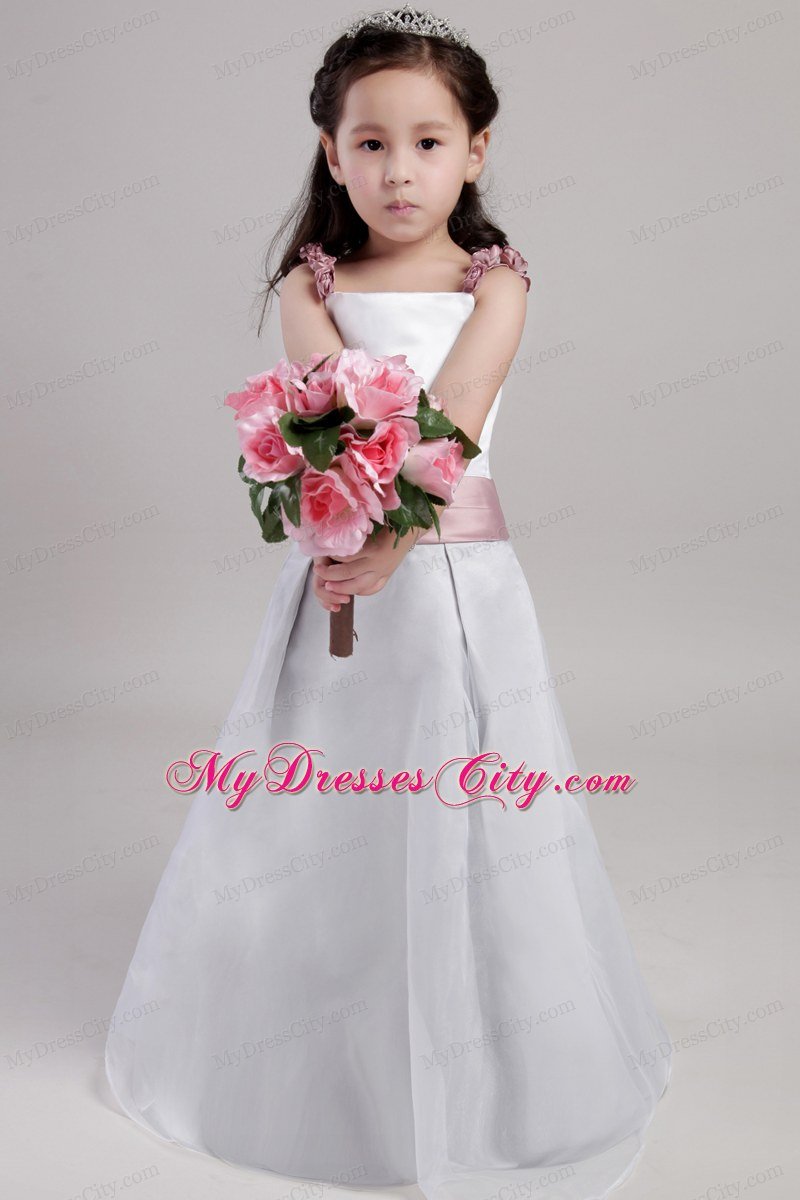 White A-line Straps Floor-length Flower Girl Dress with Flowers