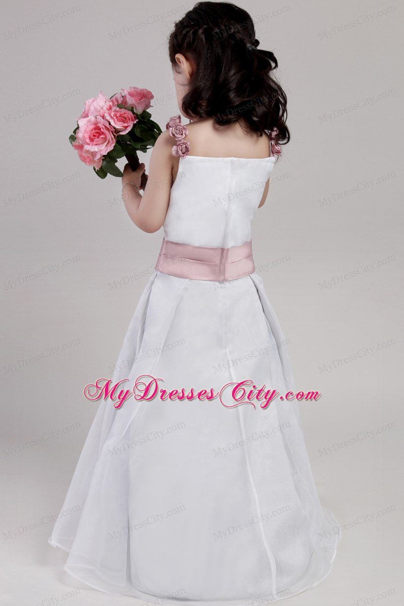 White A-line Straps Floor-length Flower Girl Dress with Flowers