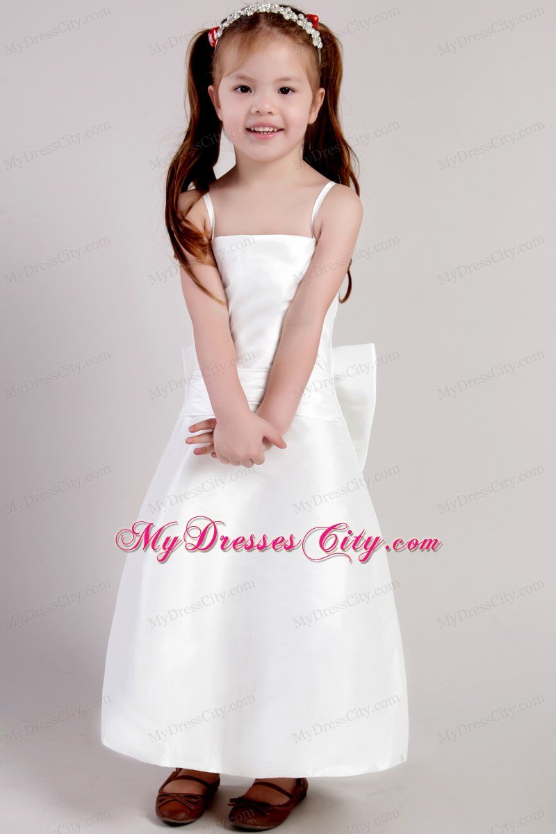 White Column Ankle-length Straps Style Little Girl Dress with Bowknot